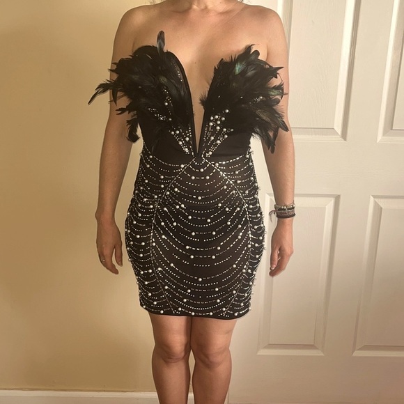 Halloween Feather Rhinestone Mesh Mini Dress Whimsigoth Costume Flapper Witch - Picture 11 of 11